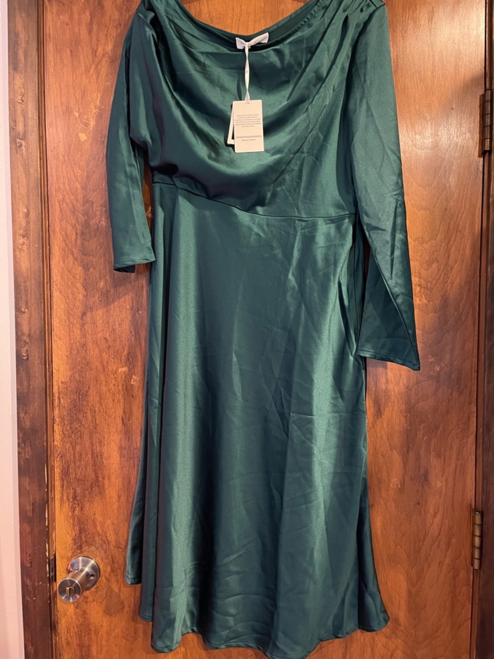 Women's Emerald Green Satin Midi Dress with Draped Neckline